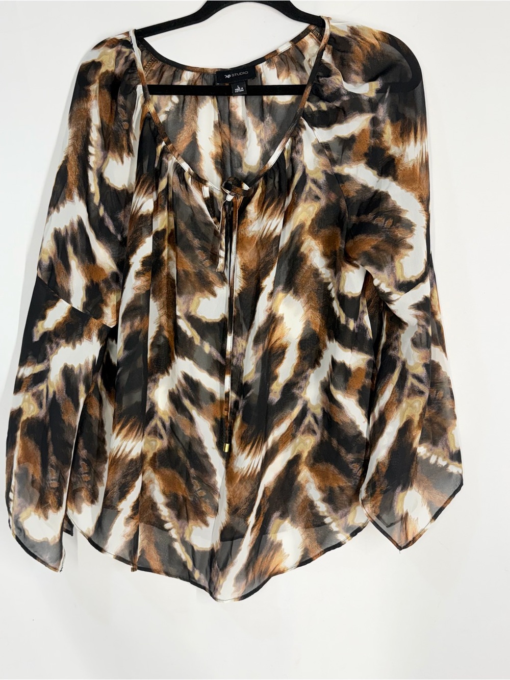 Sheer Animal Print Tie-Neck Blouse in Brown & Black